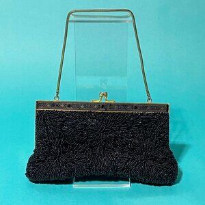 Vintage Black Beaded Purse | Art Deco Evening Bag, Gold Accents